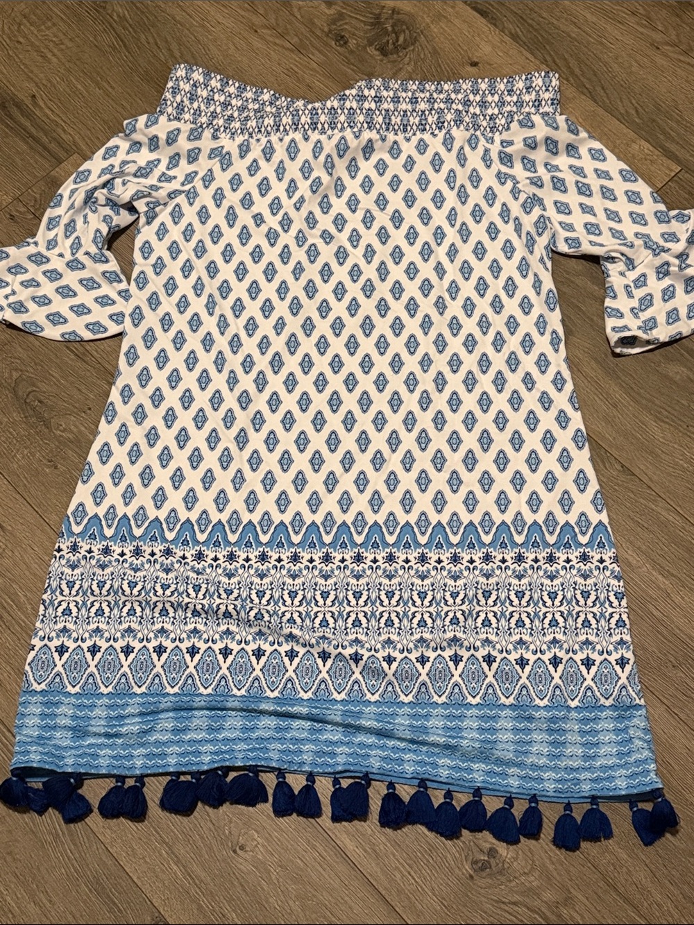 Cabana Life White and Blue Off-Shoulder Tassel Hem Dress